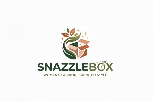 Snazzle Box logo with a stylized box and leaves on a beige background